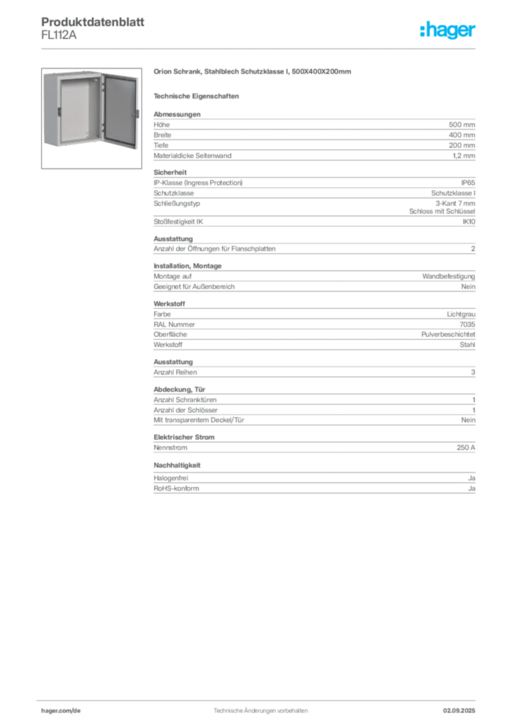 Hager Produktdatenblatt FL112A