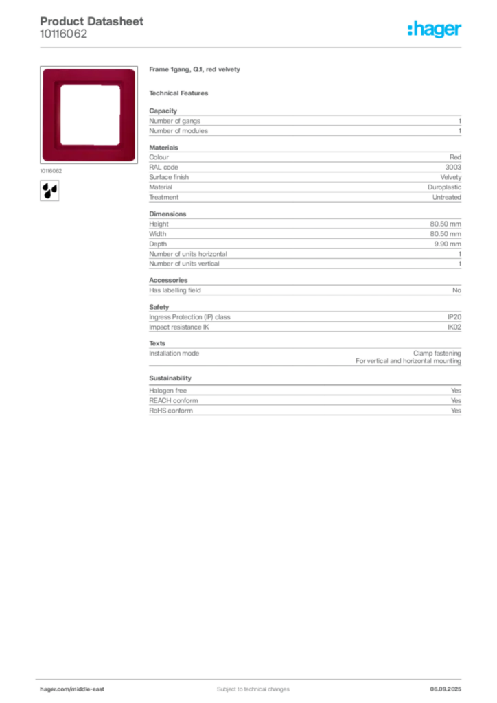 Image Hager Product data sheet 10116062  | Hager