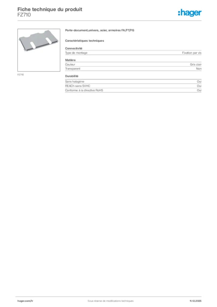 Image Hager Fiche technique du produit FZ710 | Hager France