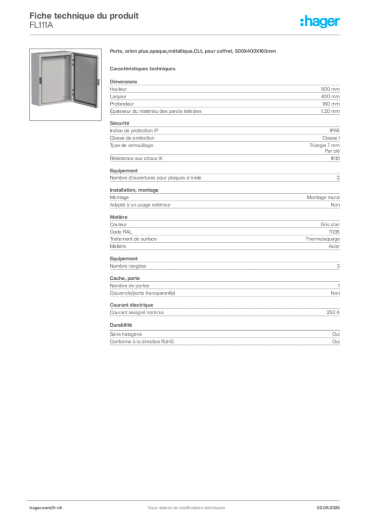 Image Hager Fiche technique du produit FL111A | Hager Suisse
