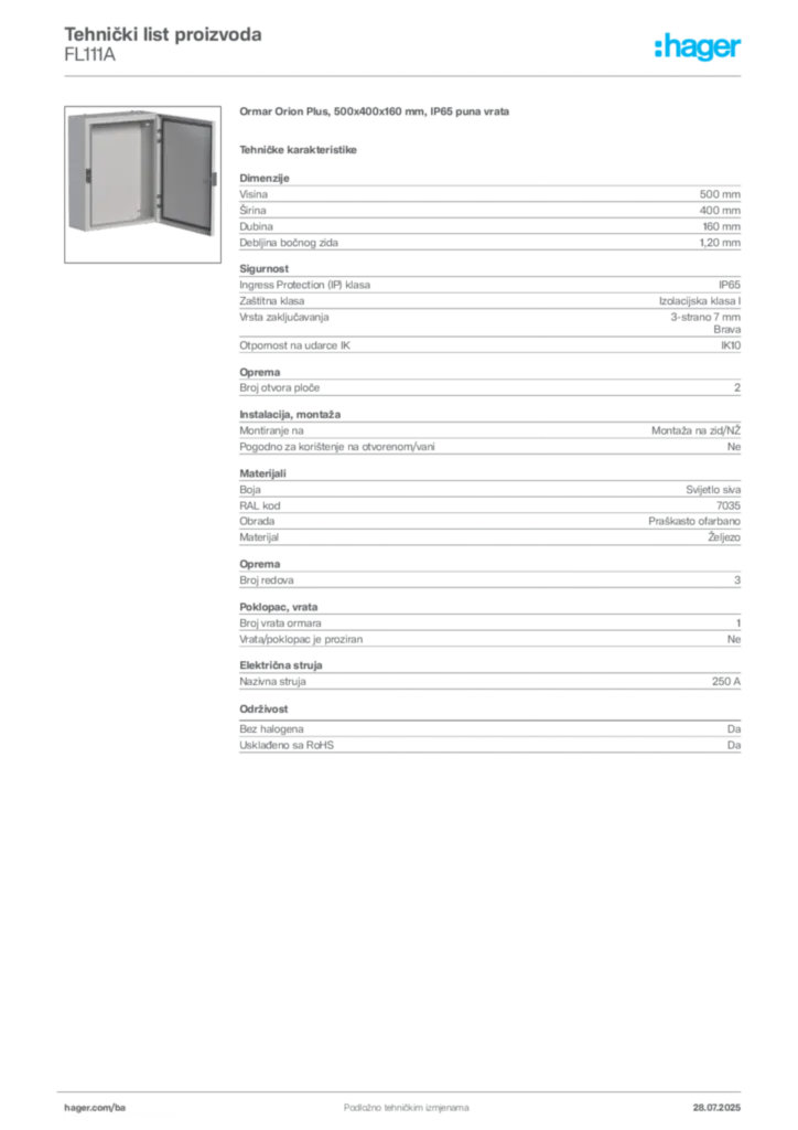 Slika Hager Product data sheet FL111A  | Hager