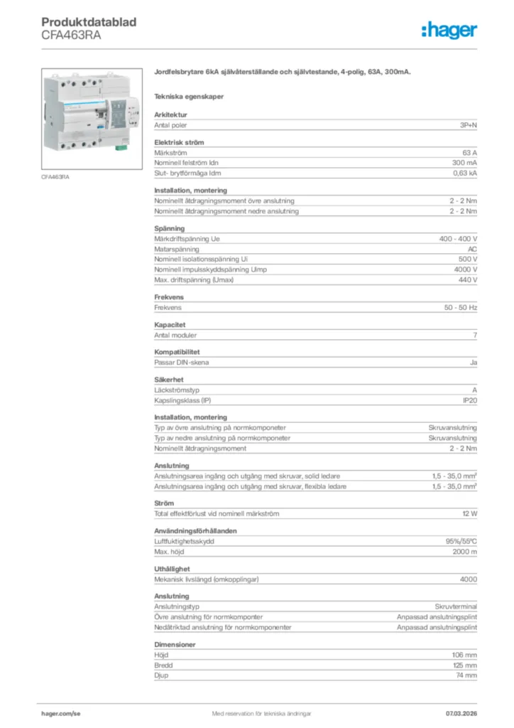 Bild Hager Produktdatablad CFA463RA | Hager Sverige