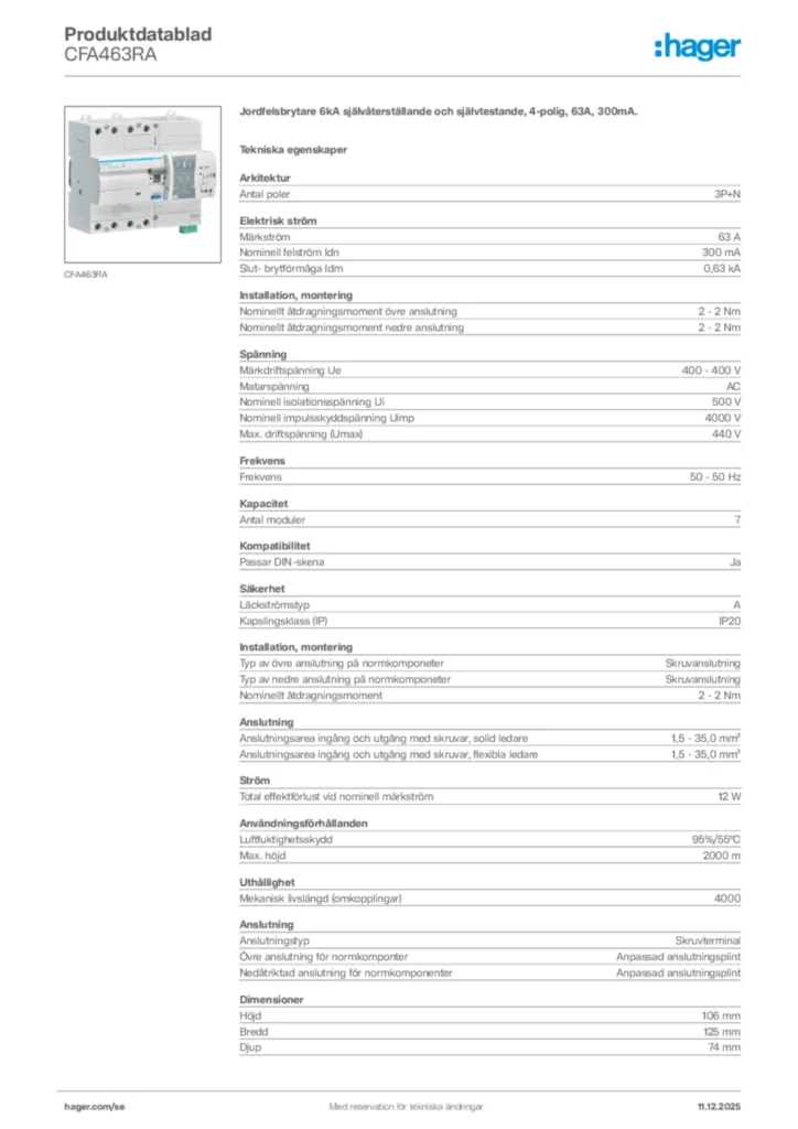 Bild Hager Produktdatablad CFA463RA | Hager Sverige