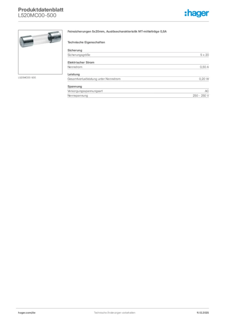 Bild Hager Produktdatenblatt L520MC00-500 | Hager Deutschland
