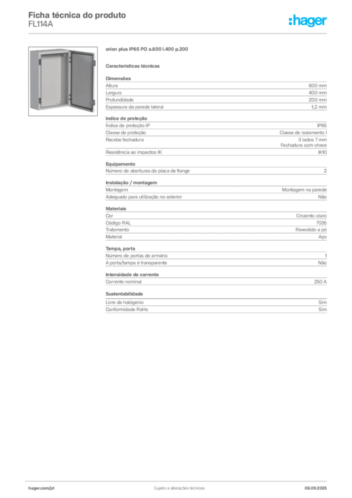 Imagem Hager Ficha técnica do produto FL114A | Hager Portugal