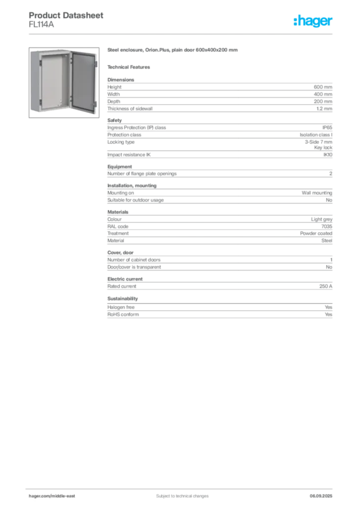 Image Hager Product data sheet FL114A  | Hager