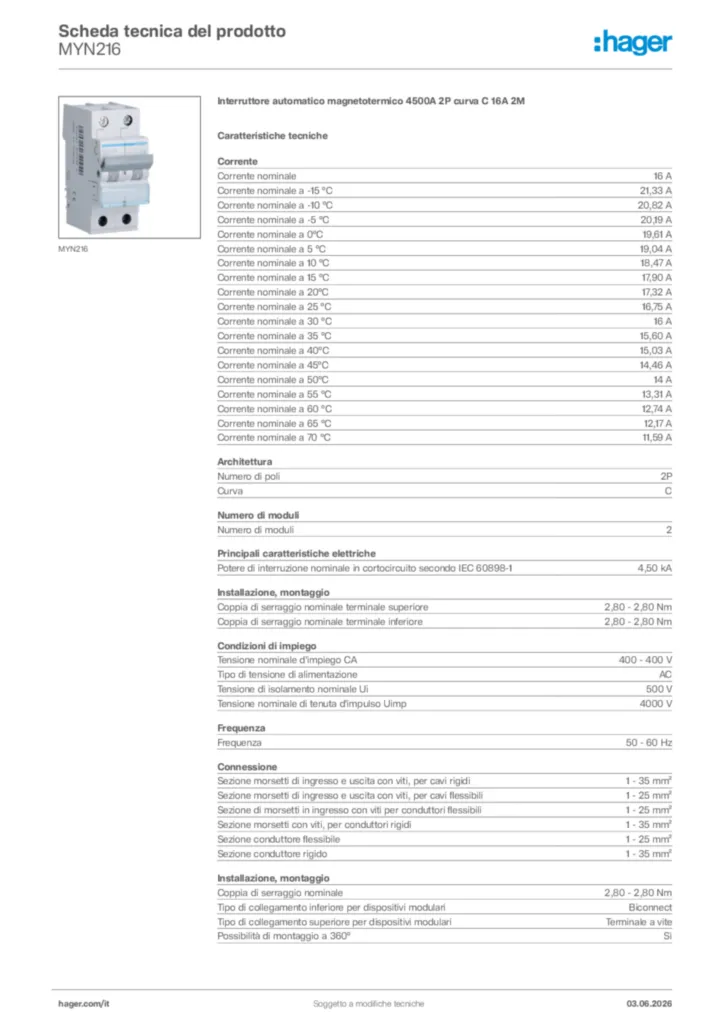 Immagine Hager Scheda tecnica del prodotto MYN216 | Hager Italia