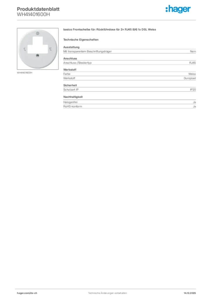 Bild Hager Produktdatenblatt WH41401600H | Hager Schweiz