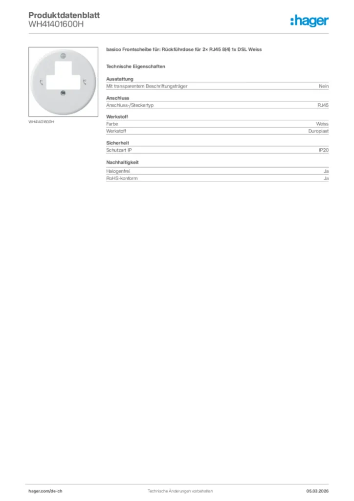 Bild Hager Produktdatenblatt WH41401600H | Hager Schweiz