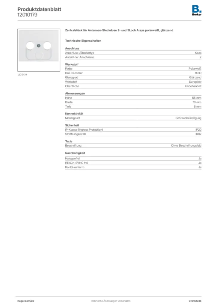 Bild Berker Produktdatenblatt 12010179 | Hager Deutschland