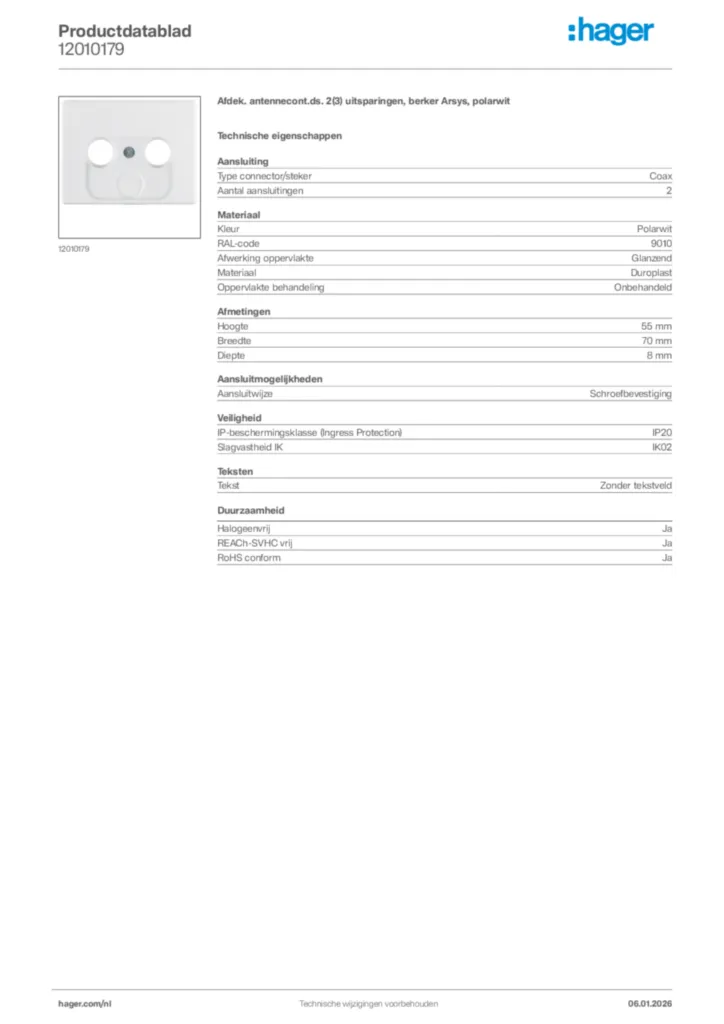 Afbeelding Hager Productdatablad 12010179 | Hager Nederland
