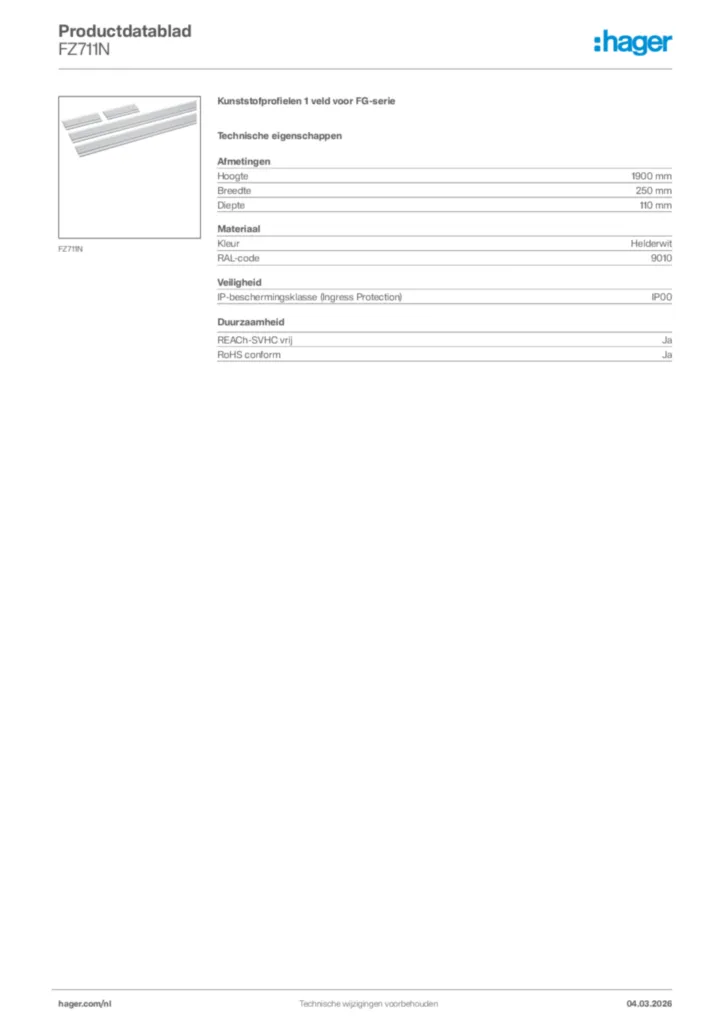 Afbeelding Hager Productdatablad FZ711N | Hager Nederland