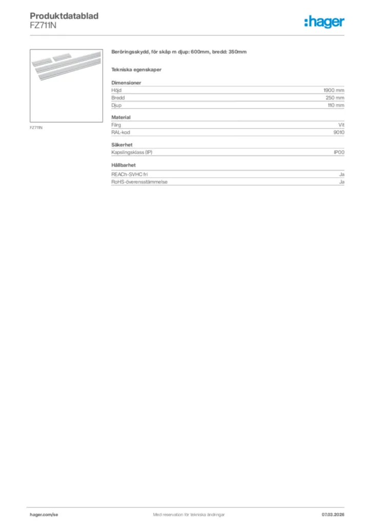 Bild Hager Produktdatablad FZ711N | Hager Sverige