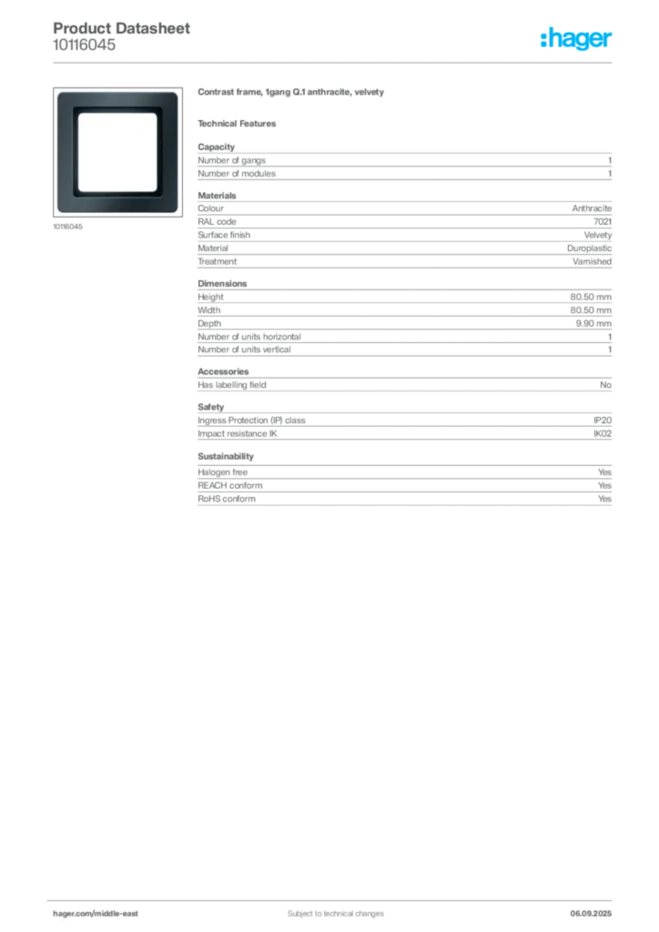 Image Hager Product data sheet 10116045  | Hager