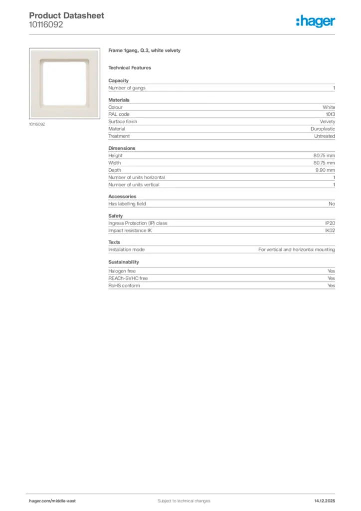 Image Hager Product data sheet 10116092  | Hager