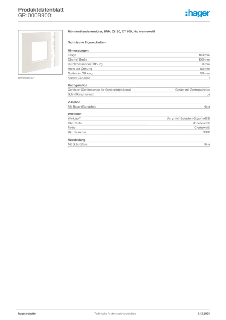 Bild Hager Produktdatenblatt GR1000B9001 | Hager Deutschland
