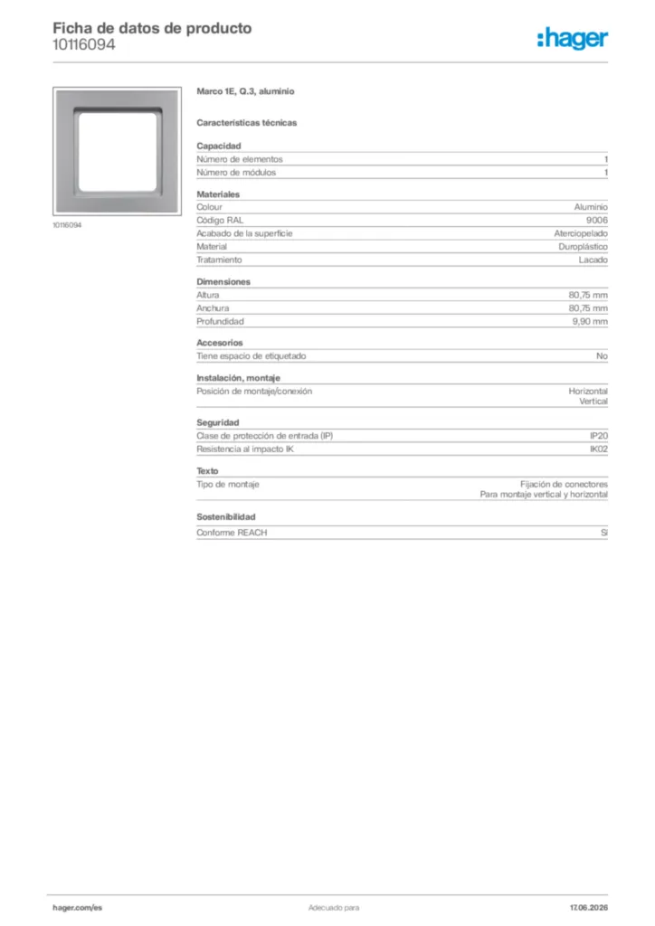 Imagen Hager Ficha de datos de producto 10116094 | Hager España
