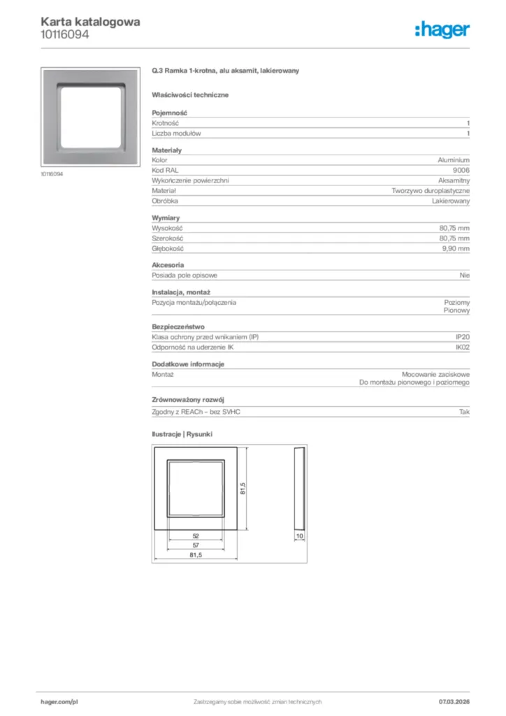Zdjęcie Hager Karta katalogowa 10116094 | Hager Polska