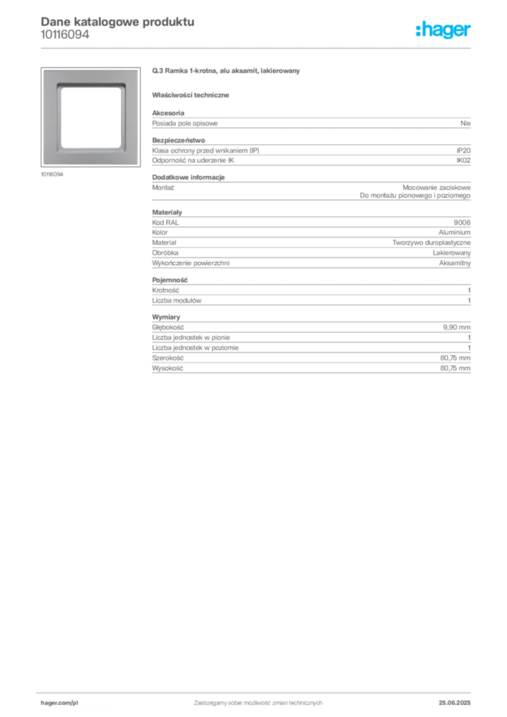 Zdjęcie Hager Dane katalogowe produktu 10116094 | Hager Polska