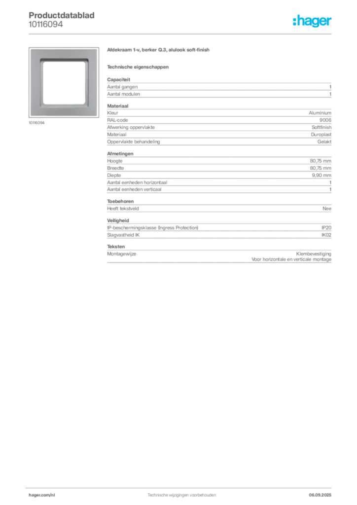 Afbeelding Hager Productdatablad 10116094 | Hager Nederland