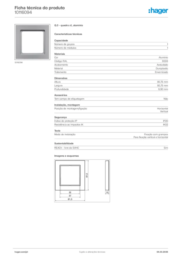 Imagem Hager Ficha técnica do produto 10116094 | Hager Portugal
