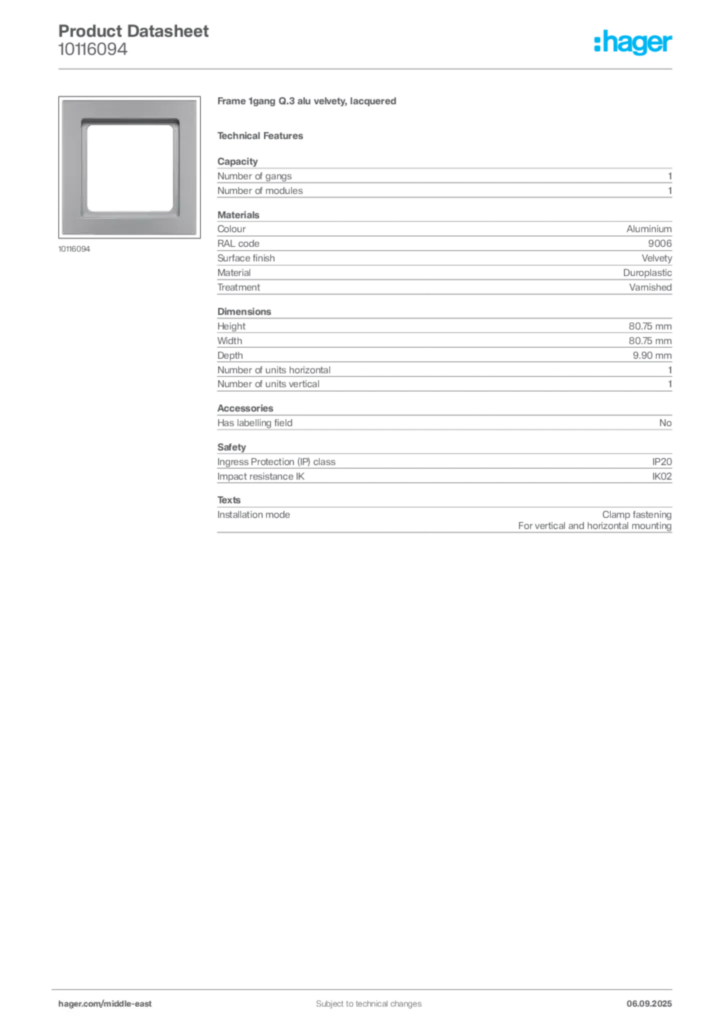 Image Hager Product data sheet 10116094  | Hager