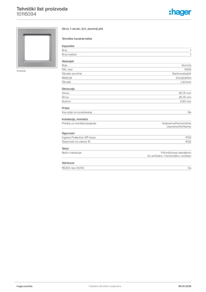 Slika Hager Tehnički list proizvoda 10116094  | Hager