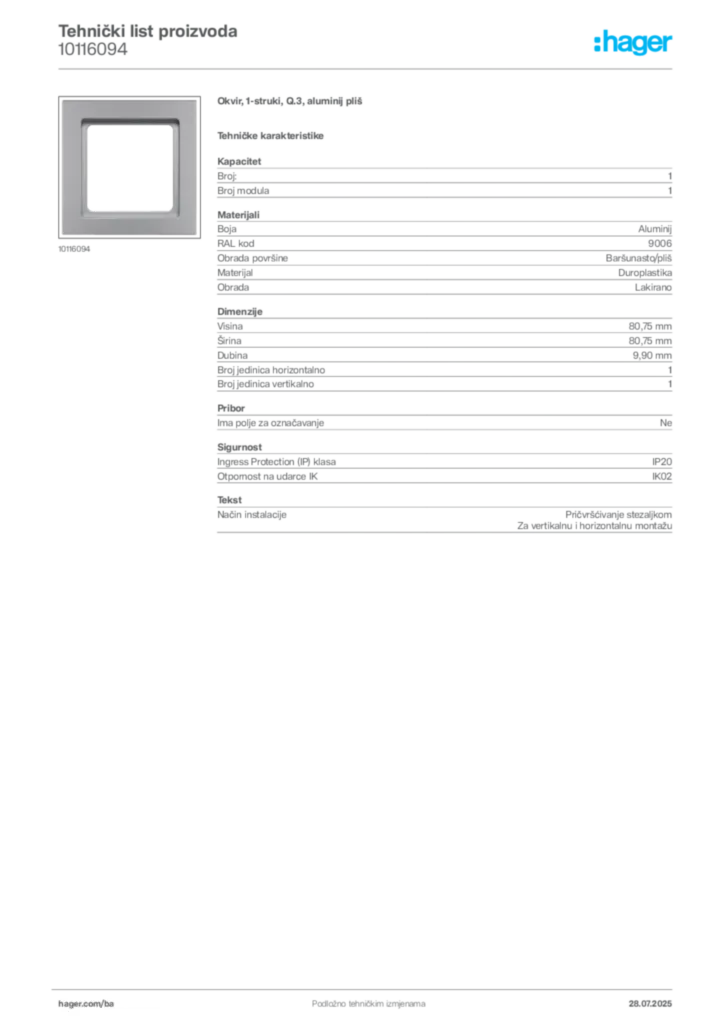 Slika Hager Product data sheet 10116094  | Hager