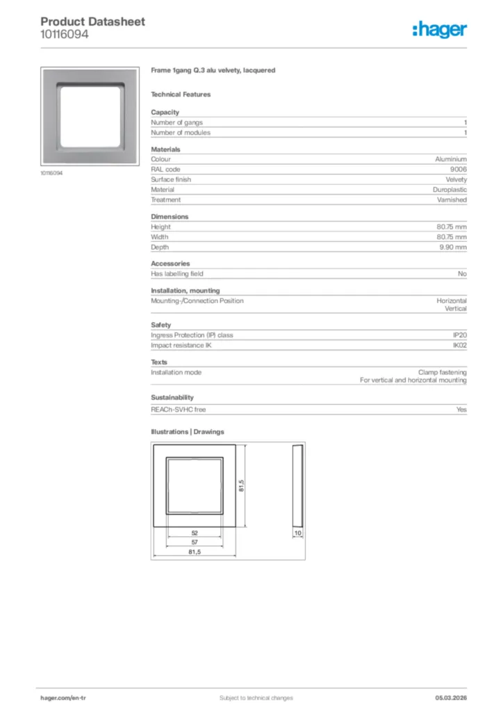 Image Hager Product data sheet 10116094  | Hager