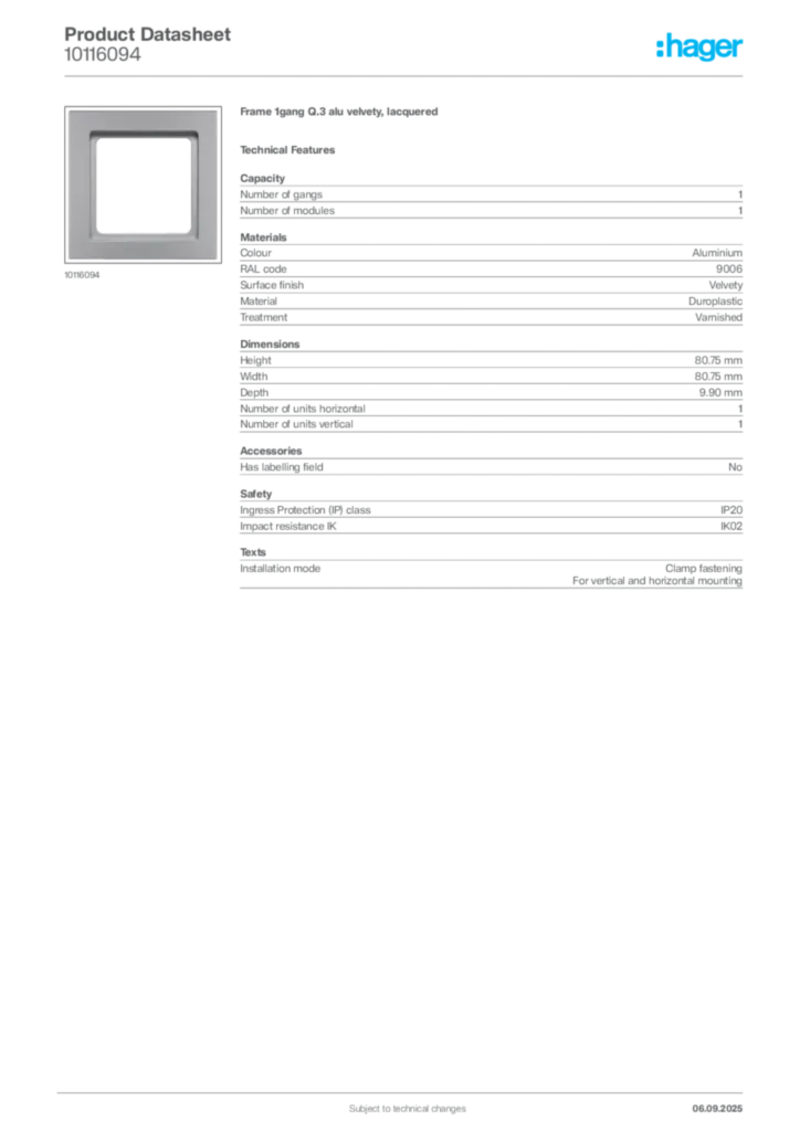 Image Hager Product data sheet 10116094  | Hager