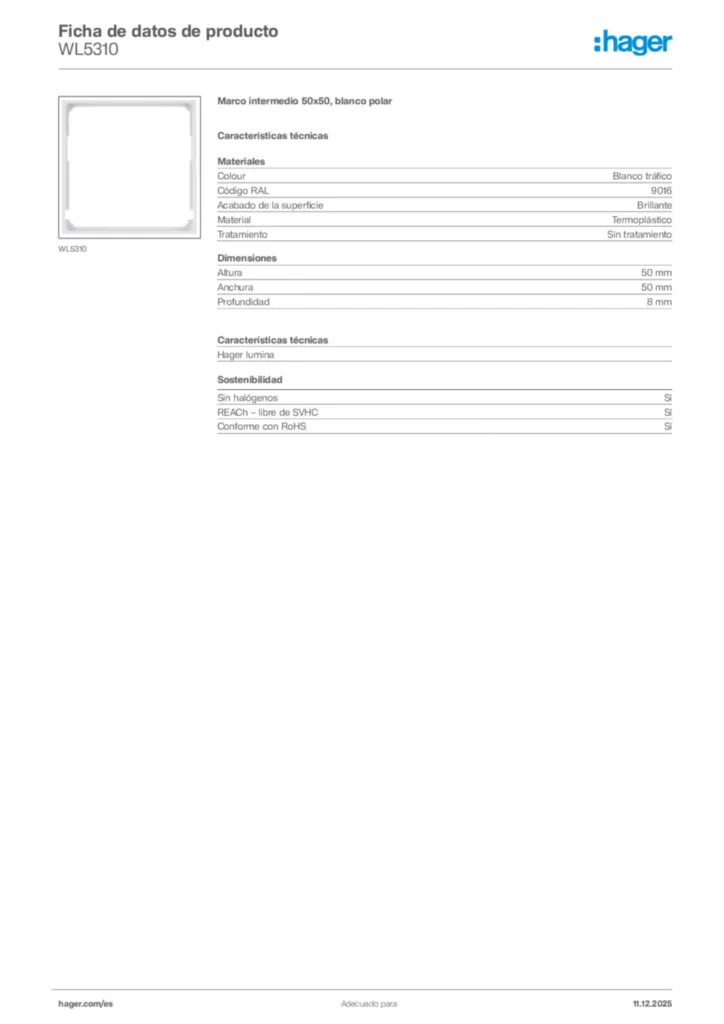 Imagen Hager Ficha de datos de producto WL5310 | Hager España