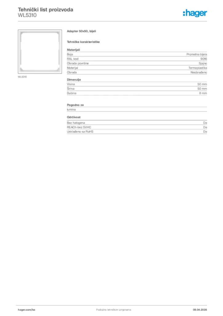 Slika Hager Tehnički list proizvoda WL5310  | Hager