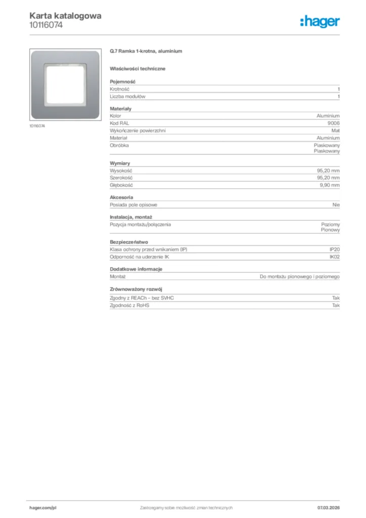 Zdjęcie Hager Karta katalogowa 10116074 | Hager Polska