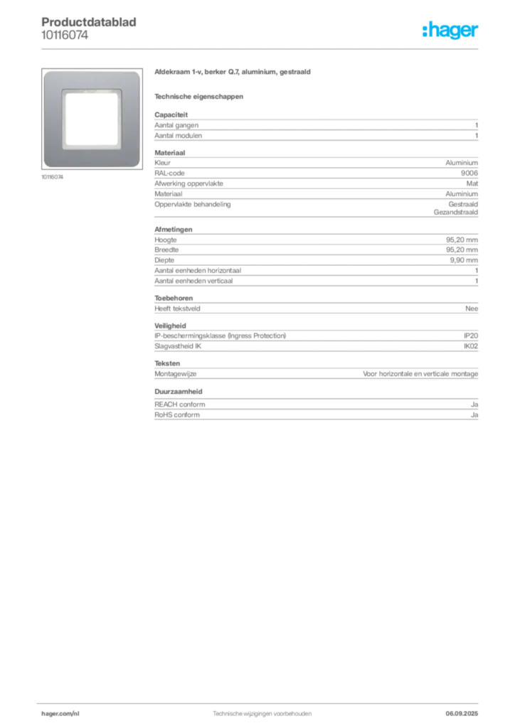 Afbeelding Hager Productdatablad 10116074 | Hager Nederland