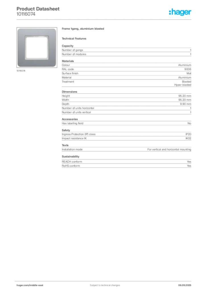 Image Hager Product data sheet 10116074  | Hager