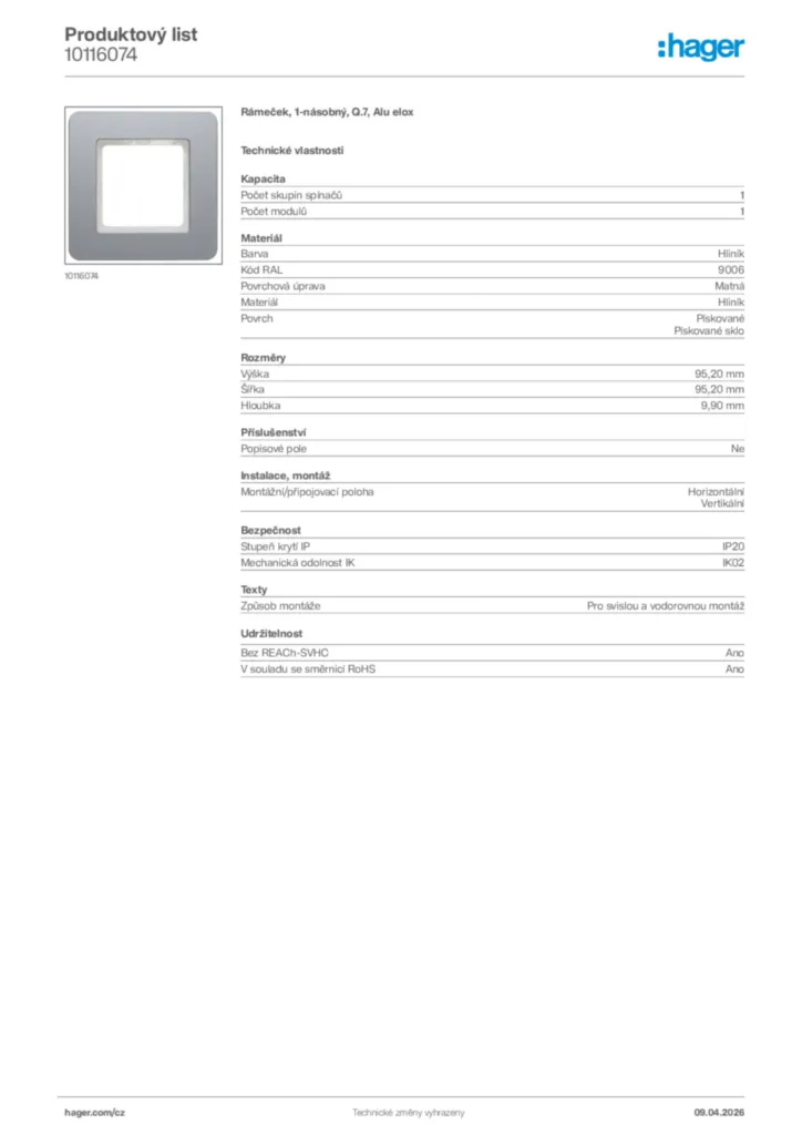 Obrázek Hager Product data sheet 10116074 | Hager