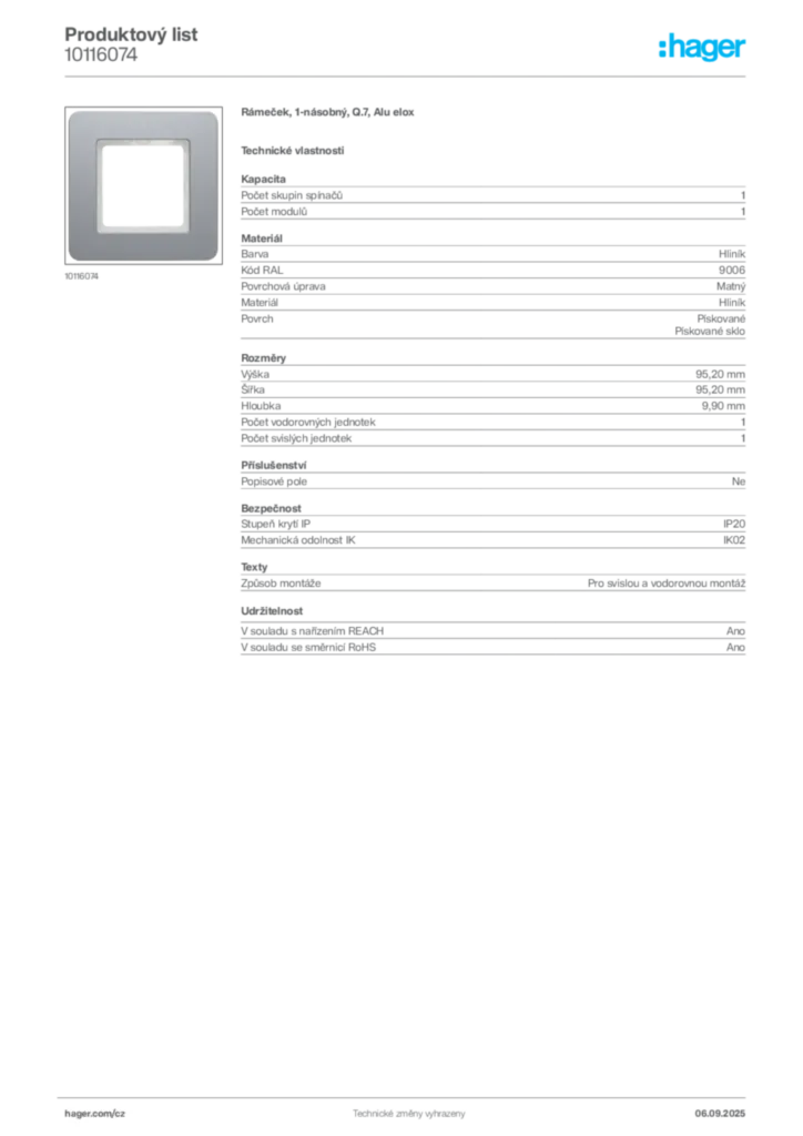 Obrázek Hager Produktový list 10116074 | Hager