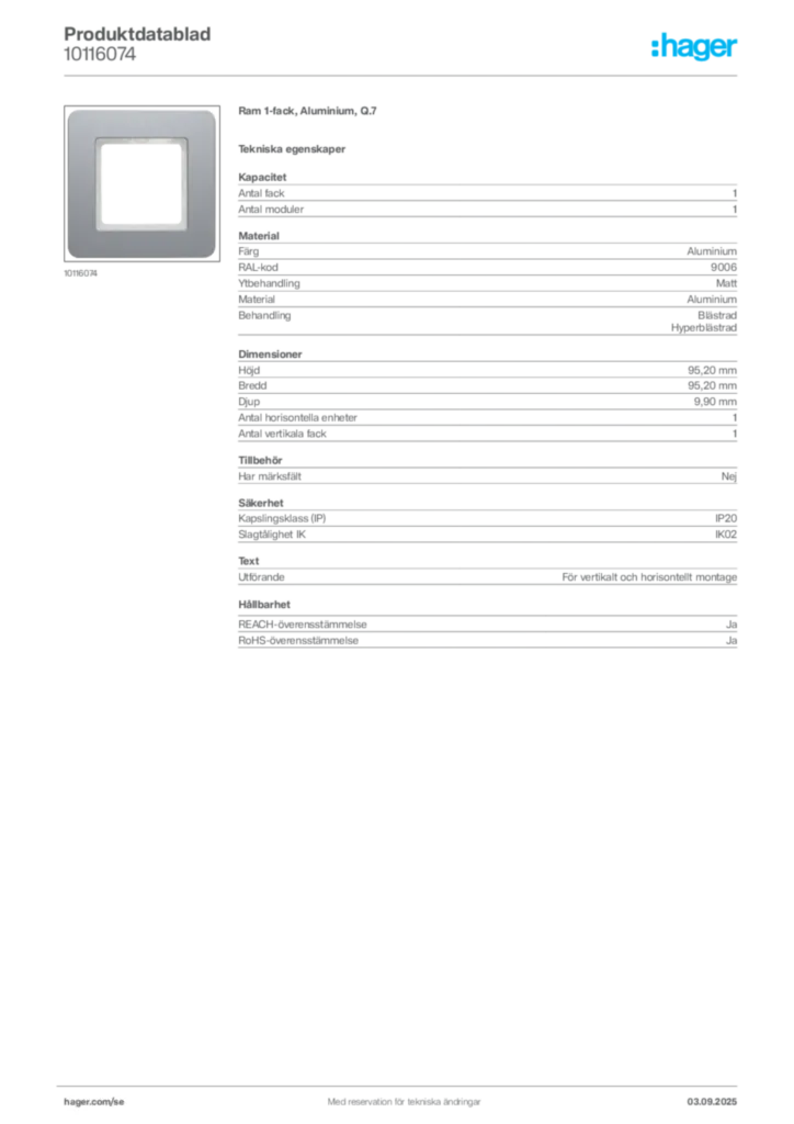 Bild Hager Produktdatablad 10116074 | Hager Sverige