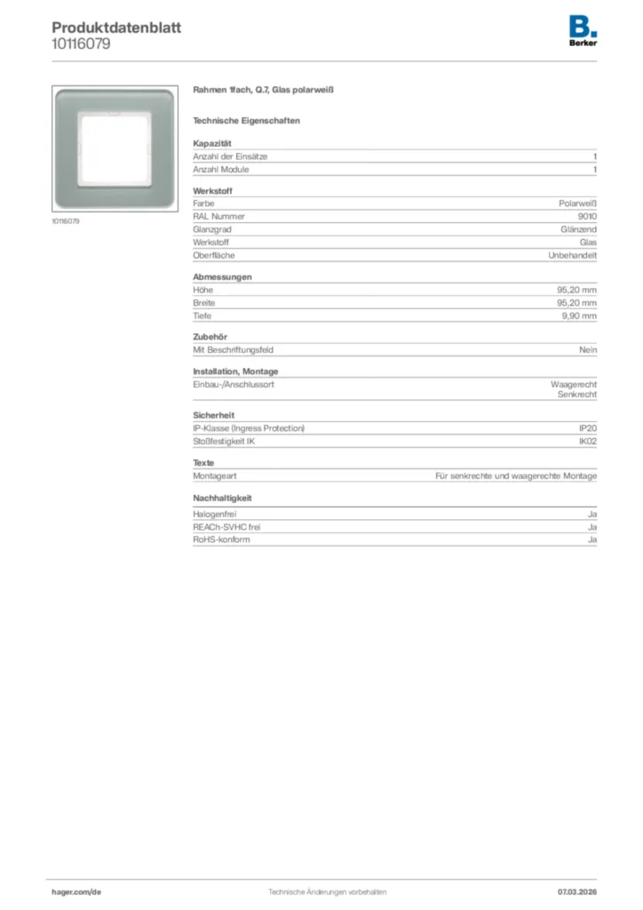 Bild Berker Produktdatenblatt 10116079 | Hager Deutschland