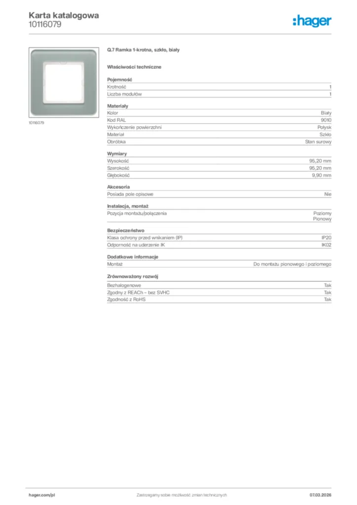 Zdjęcie Hager Karta katalogowa 10116079 | Hager Polska