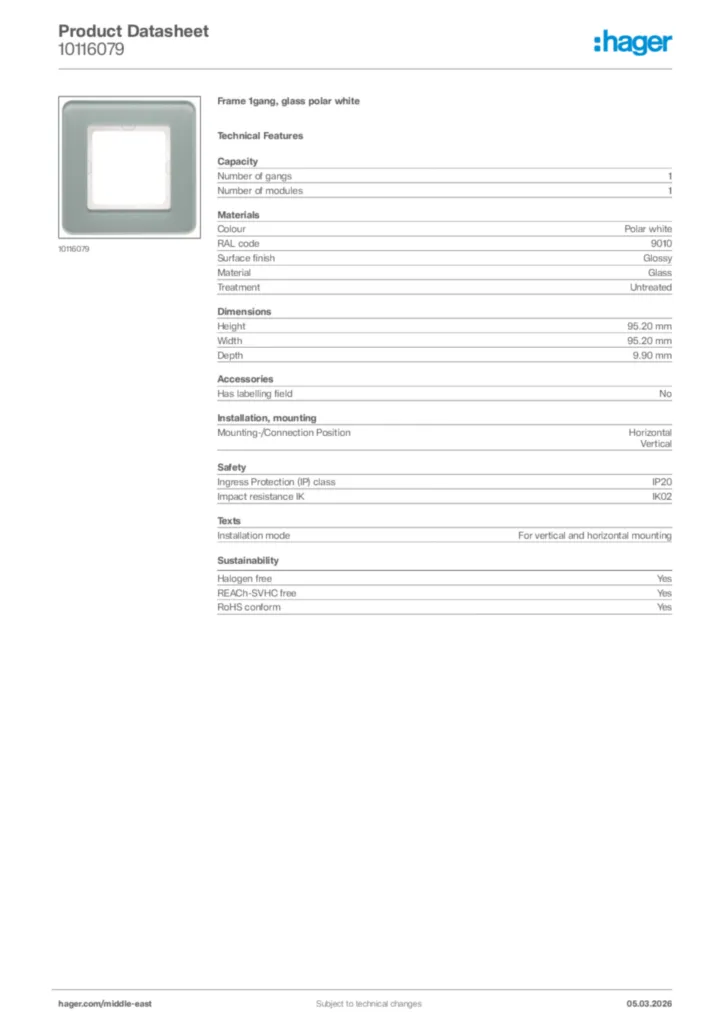 Image Hager Product data sheet 10116079  | Hager