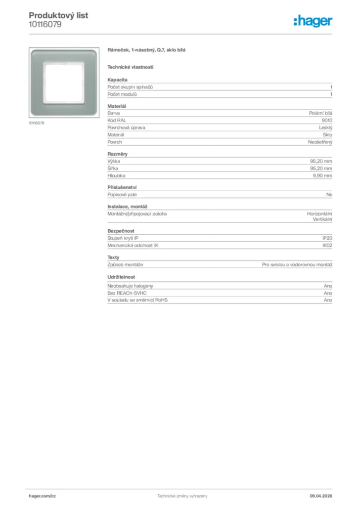 Obrázek Hager Product data sheet 10116079 | Hager