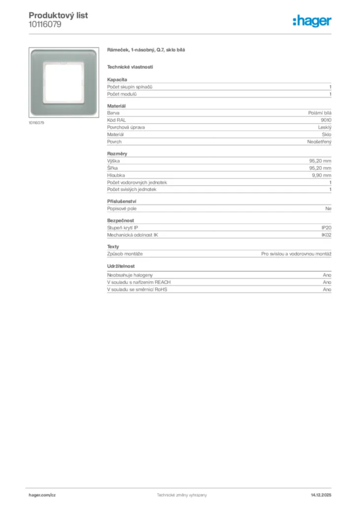 Obrázek Hager Product data sheet 10116079 | Hager
