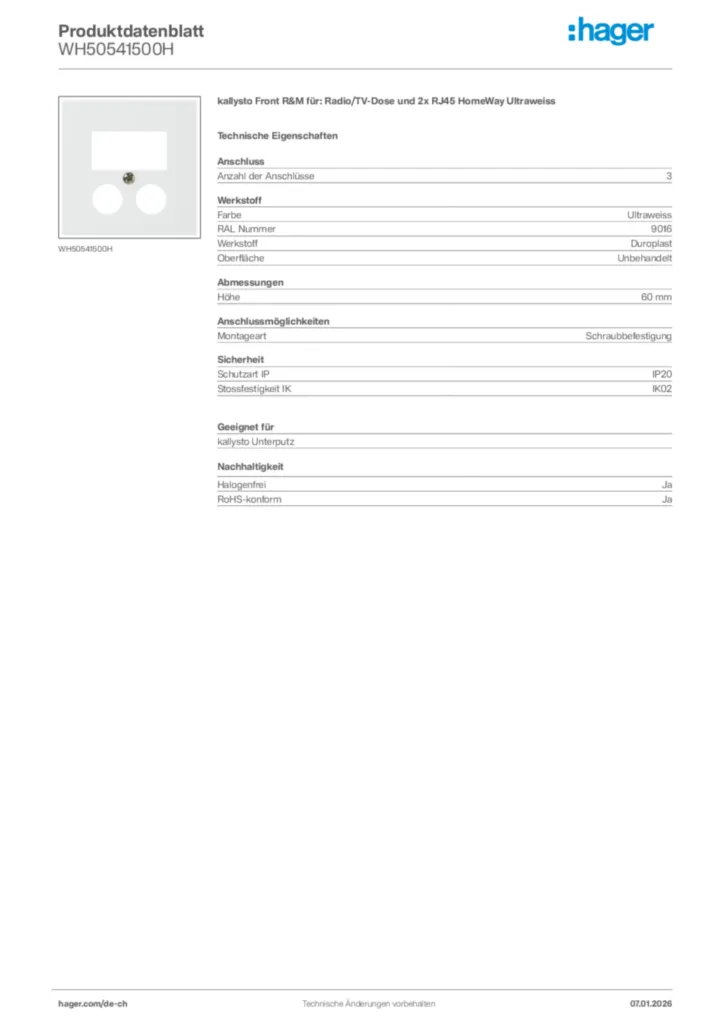 Bild Hager Produktdatenblatt WH50541500H | Hager Schweiz