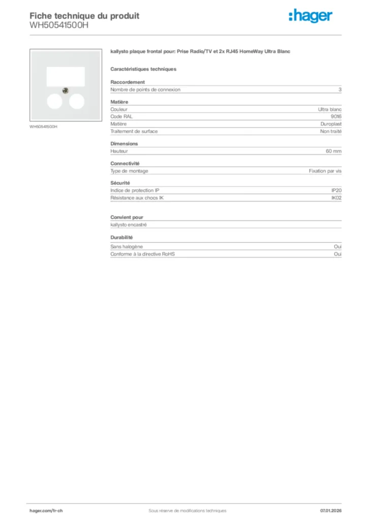 Image Hager Fiche technique du produit WH50541500H | Hager Suisse
