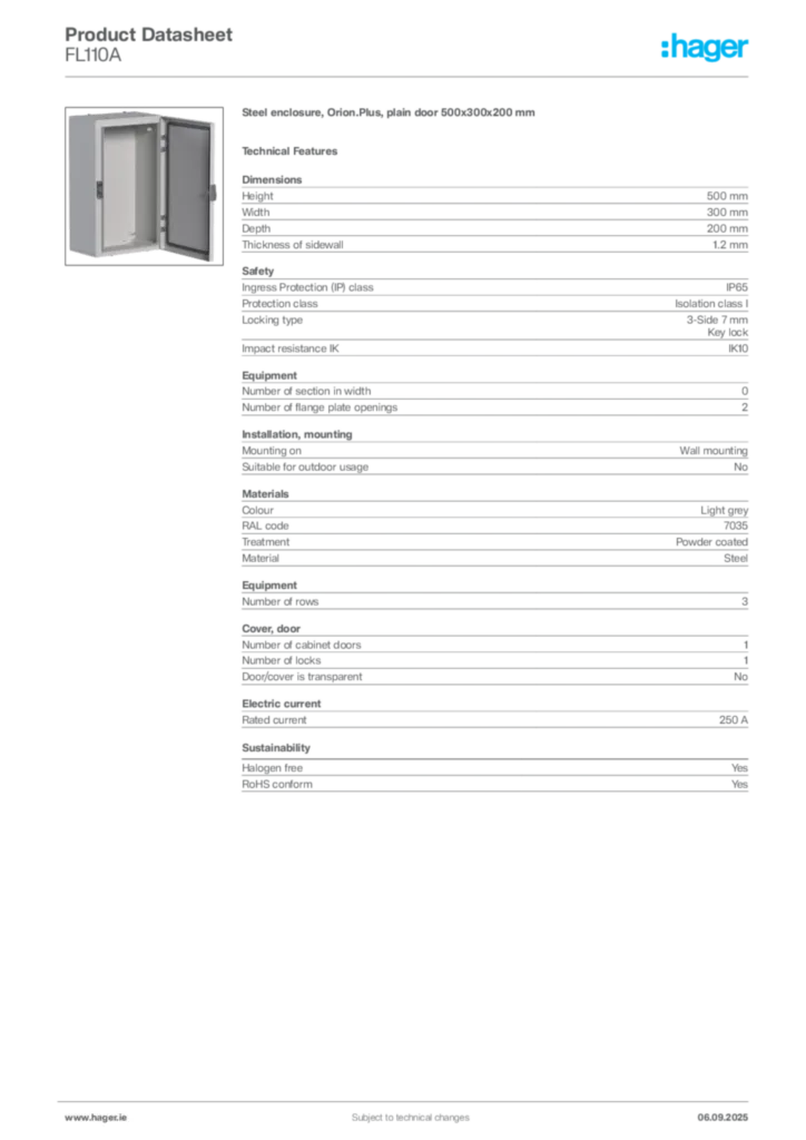 Image Hager Product data sheet FL110A  | Hager