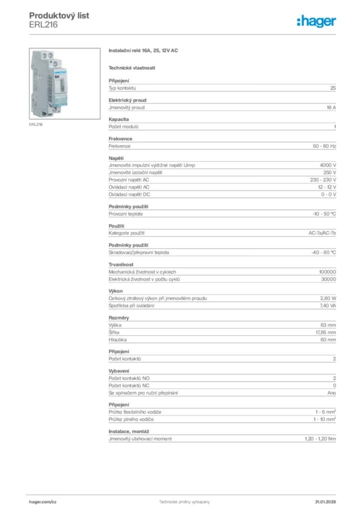 Obrázek Hager Product data sheet ERL216 | Hager