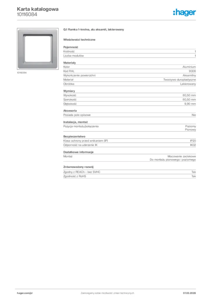 Zdjęcie Hager Karta katalogowa 10116084 | Hager Polska