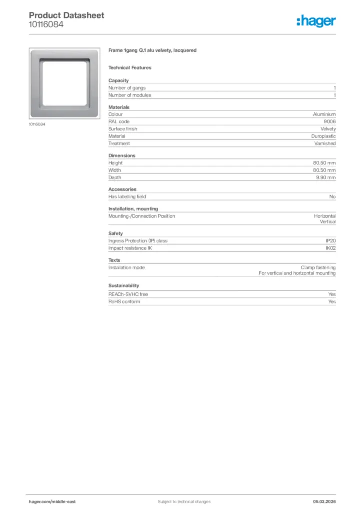 Image Hager Product data sheet 10116084  | Hager