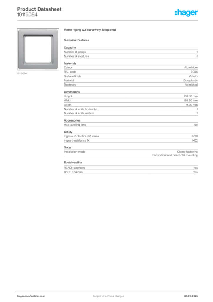Image Hager Product data sheet 10116084  | Hager